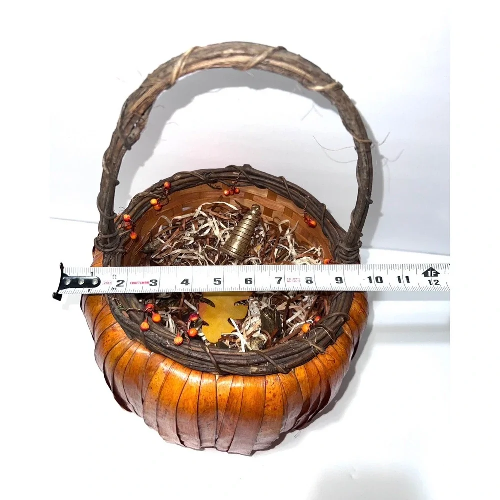 Rustic Woven Wood Pumpkin Basket Fall Harvest Decor with Grapevine Handle 14.5in